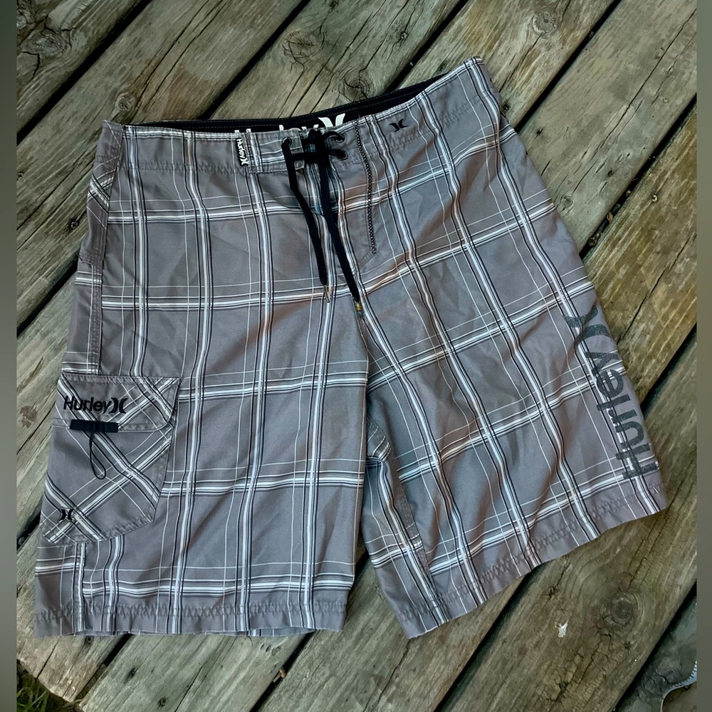 Hurley Menās Gray Plaid Board Shorts Swim Trunks Large